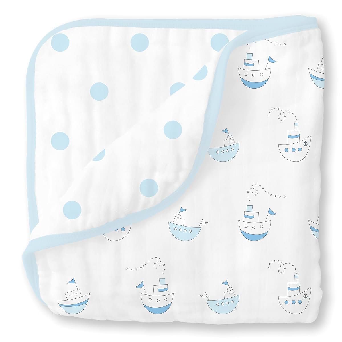 SwaddleDesigns 4-Layer Cotton Muslin Luxe Blanket, Cuddle and Dream, Pastel Blue Nautical Little Ships and Dots