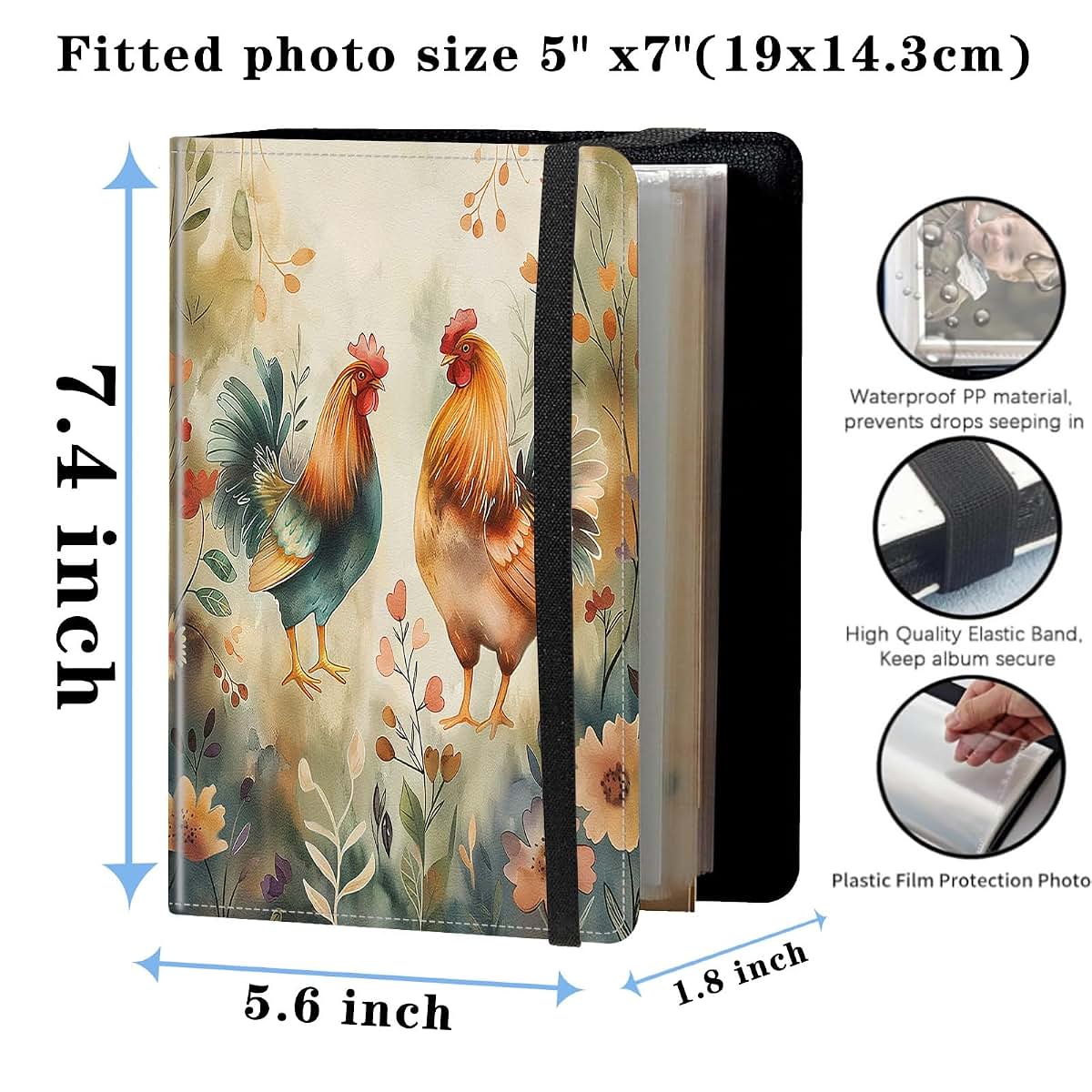 NLZQTTBD Photo Album For 5x7 Photos With 120 Photo Capacity And Watercolor Chicken Design