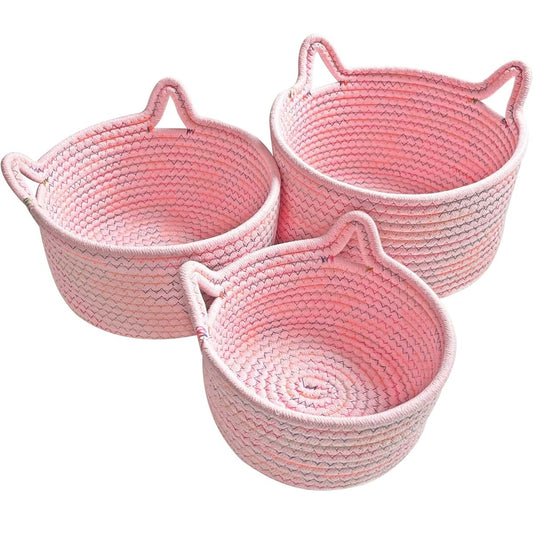 Hengyou Woven Cotton Rope Storage Baskets - Set Of 3 Pink Mixed Colors