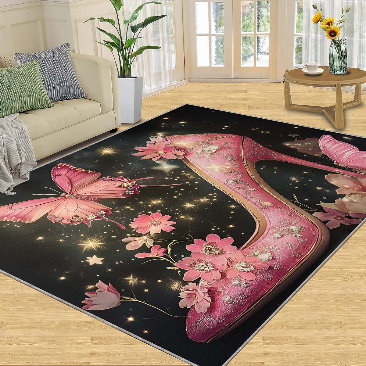 Hygiuid Pink Floral Butterfly 4x5 Foot Area Rug