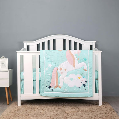 JAHbaby 3-Piece Unicorn Nursery Crib Bedding Set, Cotton Polyester, Blue Pink