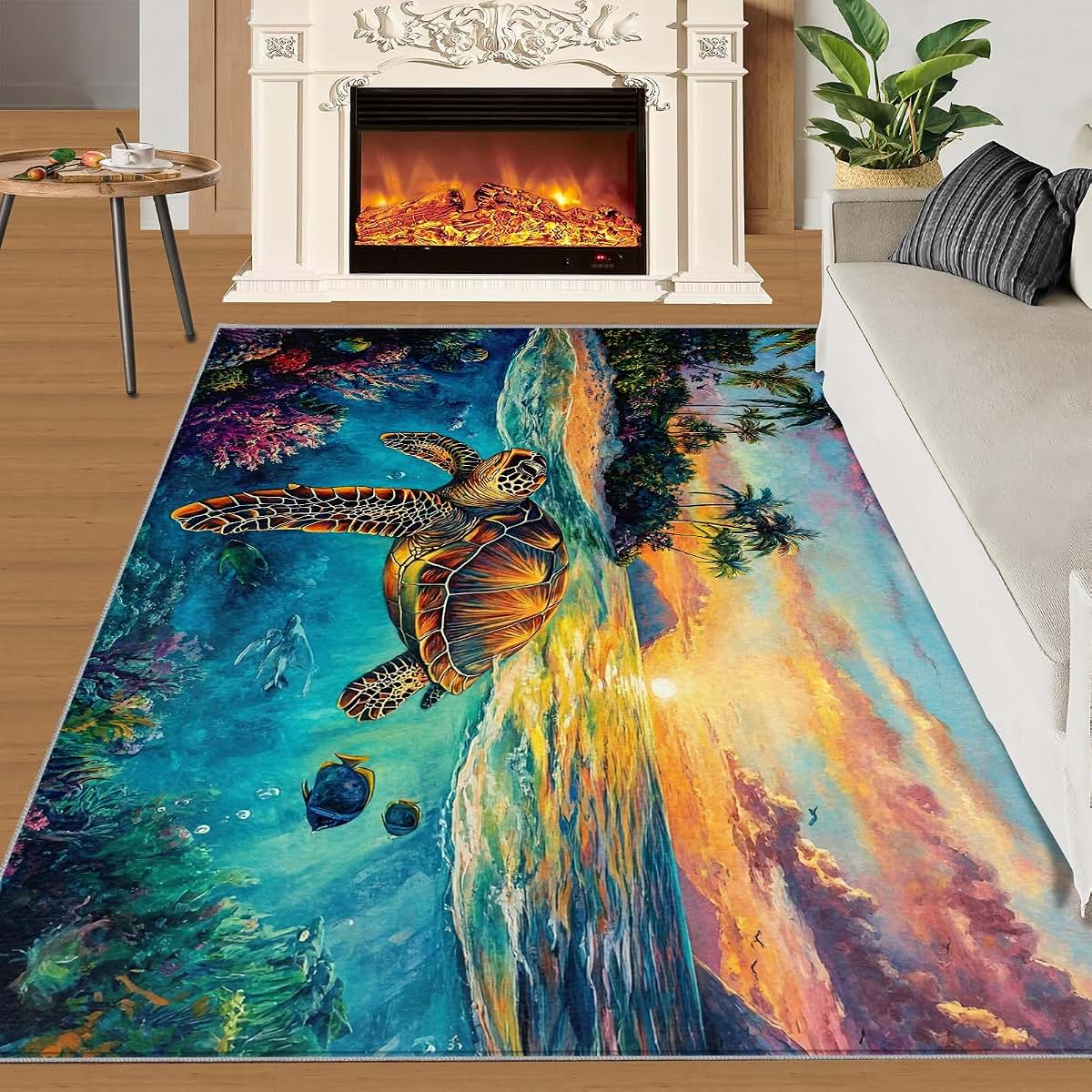 HYGIUID 4x5 Atlantic Sea Turtle Area Rugs - Island Scenery Rug for Entryway, Seascape Oil Painting Washable Entry Way