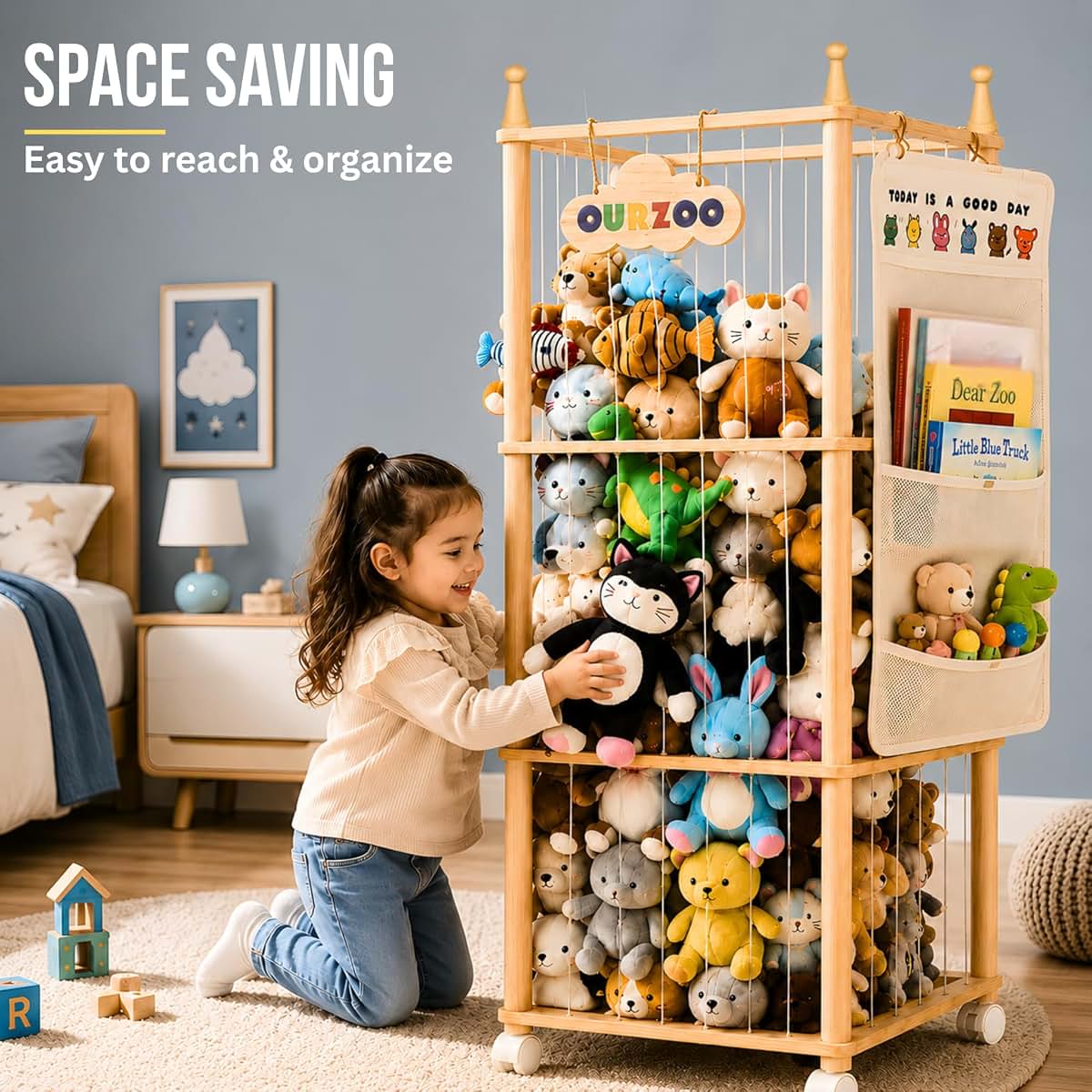 ZEXOO Stuffed Animal Storage Zoo with Wheels, Large Wooden Plush Toy Organizer Tower (photo 3)