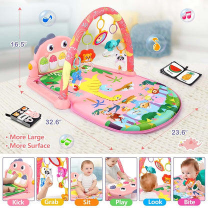 UMIKU Baby Play Mat Tummy Time Mat with Piano Music & Light, Pink Dinosaur Theme, 3-12 Months