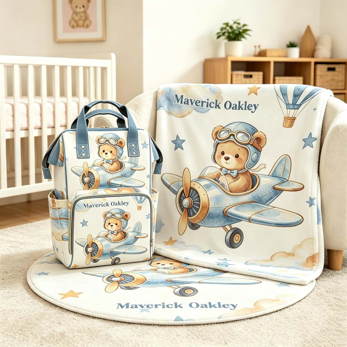 YallLocoMo Teddy Bear Personalized Baby Bag Sky Pilot Bear Multifunction Travel Diaper Bag Nappy Bag for Mom (photo 3)