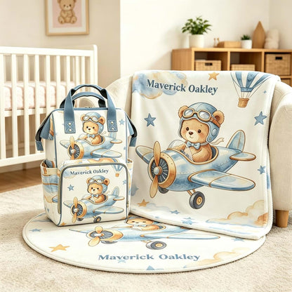 YallLocoMo Teddy Bear Personalized Baby Bag Sky Pilot Bear Multifunction Travel Diaper Bag Nappy Bag for Mom (photo 3)