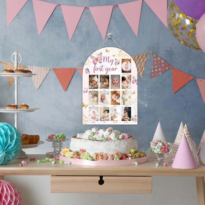 UIBOVA My First Year Photo Board, Wooden Milestone Display for 2x3 Photos, Butterfly Nursery Decor