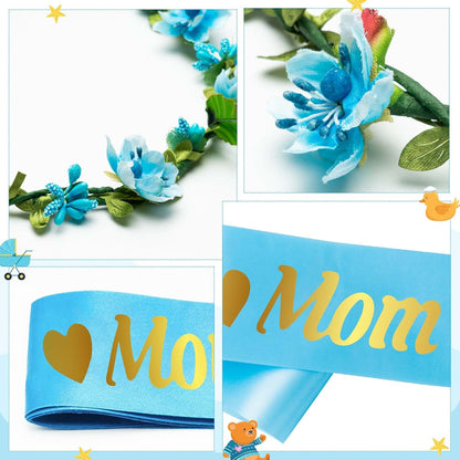 2ooya Mom to Be Sash Kit for Baby Shower, Blue and Gold, with Garland Crown