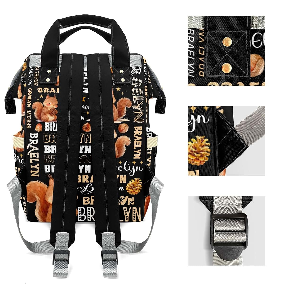 YallLocoMo Personalized Diaper Bag Backpack Name Watercolor Squirrel Pinecone Monogram Clear Up Clutter: Big Capacity (photo 4)