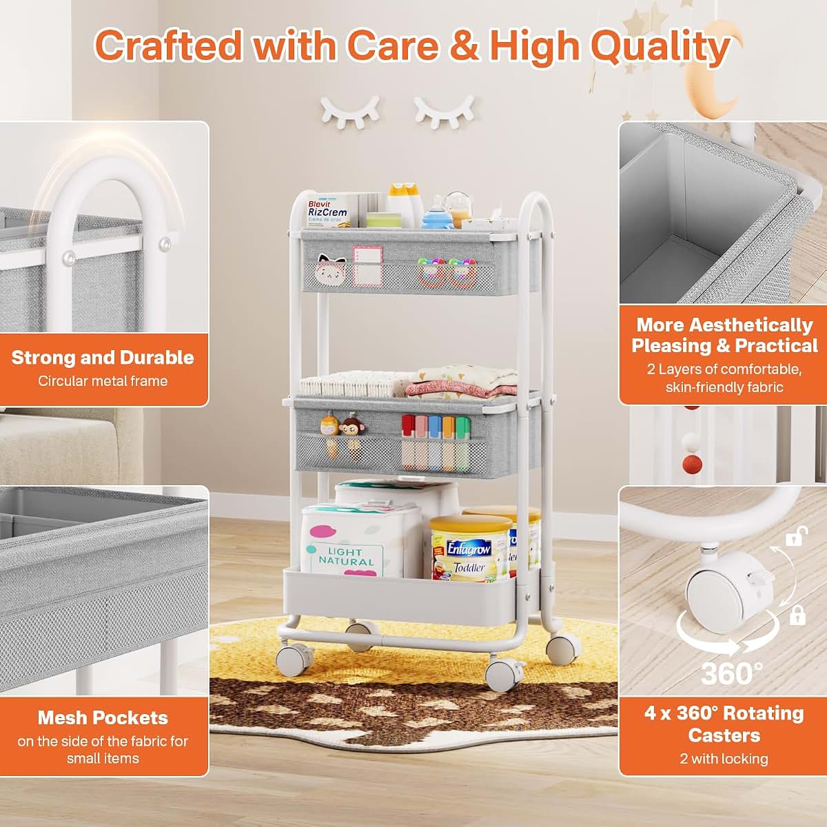 Modanais Baby Diaper Caddy Organizer Cart - 3 Tier Rolling Cart, Light Gray (photo 3)