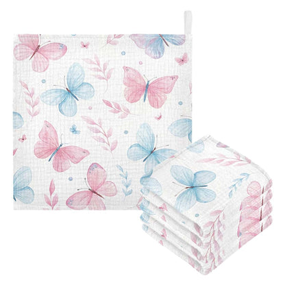 Burbuja Cute Butterflies Baby Washcloths - Soft Muslin Cotton 12x12 In 5 Pack