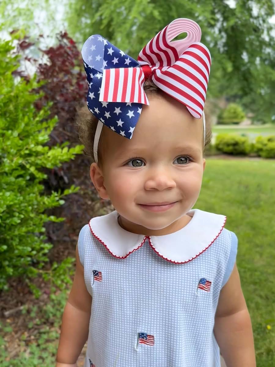 Wee Ones Girls Patriotic Stars and Stripes Print Grosgrain Hair Bow Royal Blue King