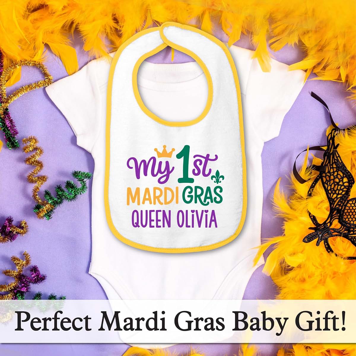 Smiling Jindo Personalized My First Mardi Gras Baby Bib (photo 3)