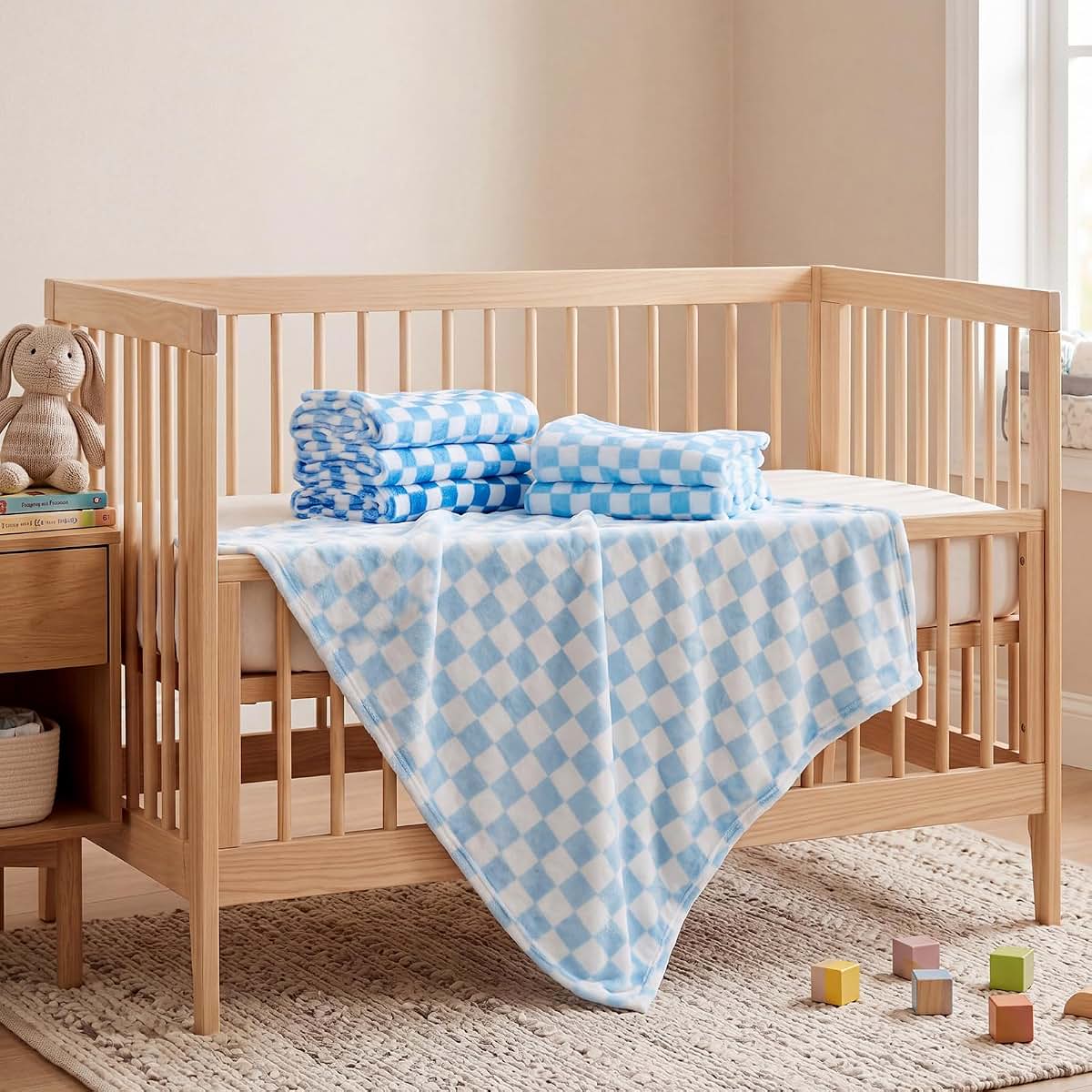Fanfanwin 6 Pack Blue Checkered Microfiber Baby Blankets