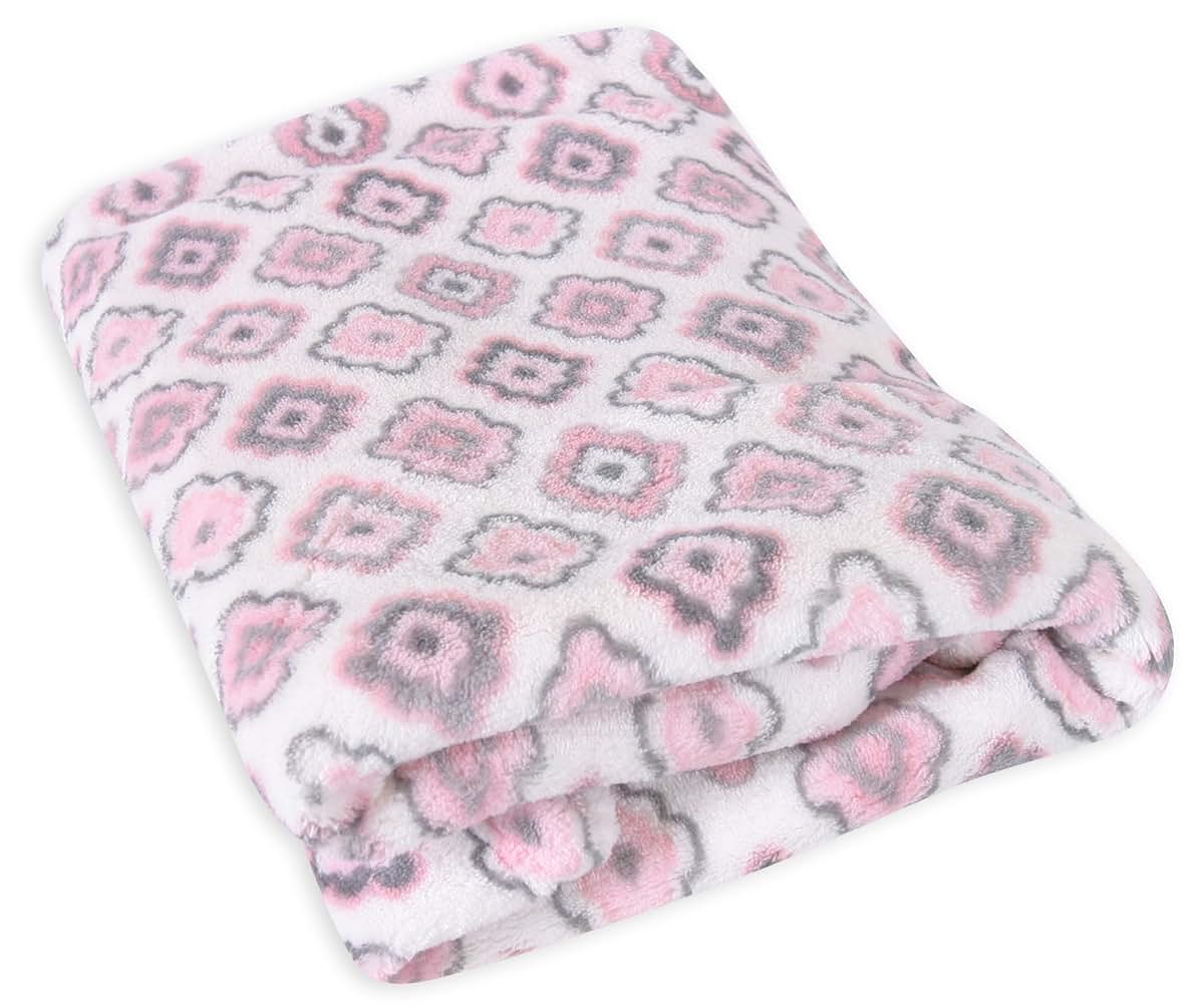 Stephan Baby Coral Fleece Crib Blanket In Pink And Grey Diamond Flower