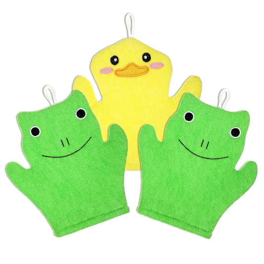FNANJWQ 3 Pcs Baby Bath Mitt Washcloths Gloves, Microfiber Soft Washcloths for Kids Designed in Cute Animal Duck Frog