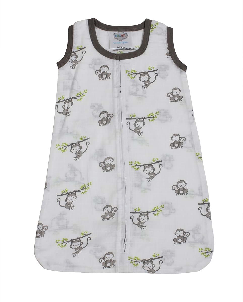 Bacati - Muslin Happy Monkeys Sleeping bag (Wearable Blankets) (Newborn, Gray)