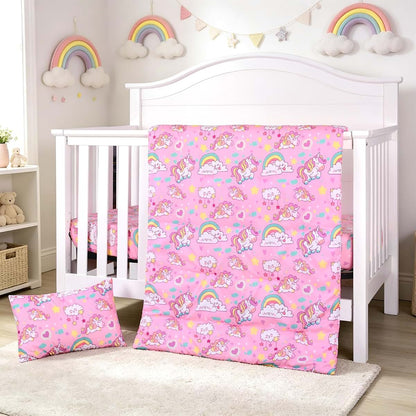 JISEN 3 Piece Crib Bedding Set Pink Unicorns