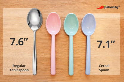 Pikanty Plastic Cereal Spoons, Set of 6 - 7 Inch Kids Spoons in Pink, Green, Blue, Made in USA