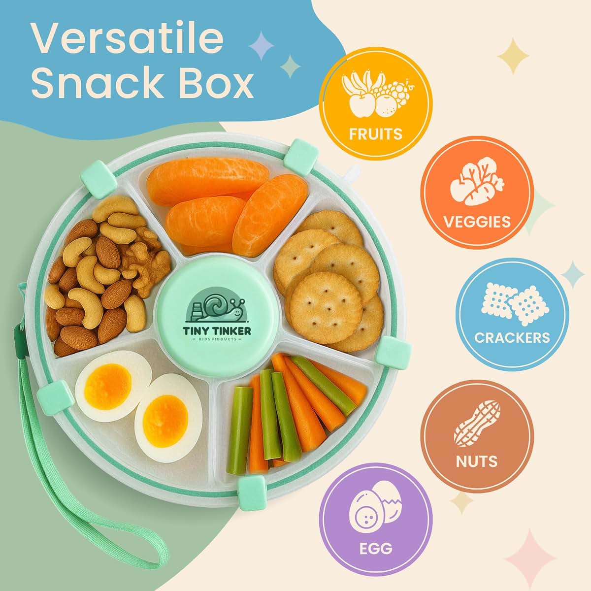 Tiny Tinker Snack Spin Container for Toddlers with Lid, Small 5-Compartment Durable, Portable, Leak-Proof – Easy to (photo 3)