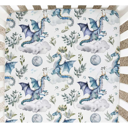 SqtmuHLuo Cute Dragon Fairytale Baby Crib Sheets Boys Girls Watercolor Dragons Moon Cloud Fitted Crib Sheet for