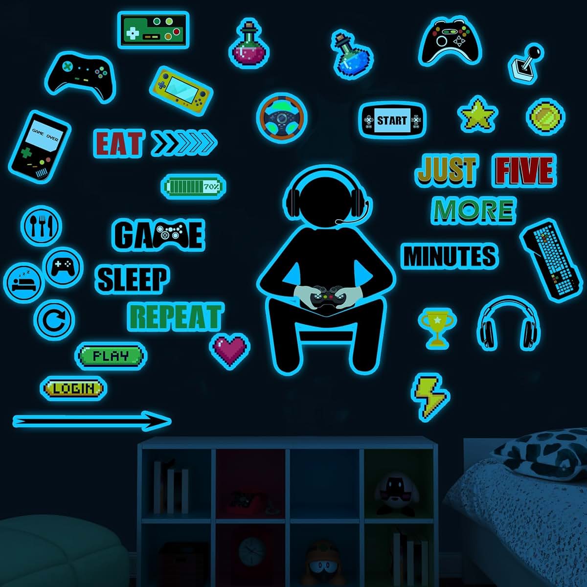 BabyOneStop Game Wall Decals Glow In The Dark Gaming Stickers (Blue)