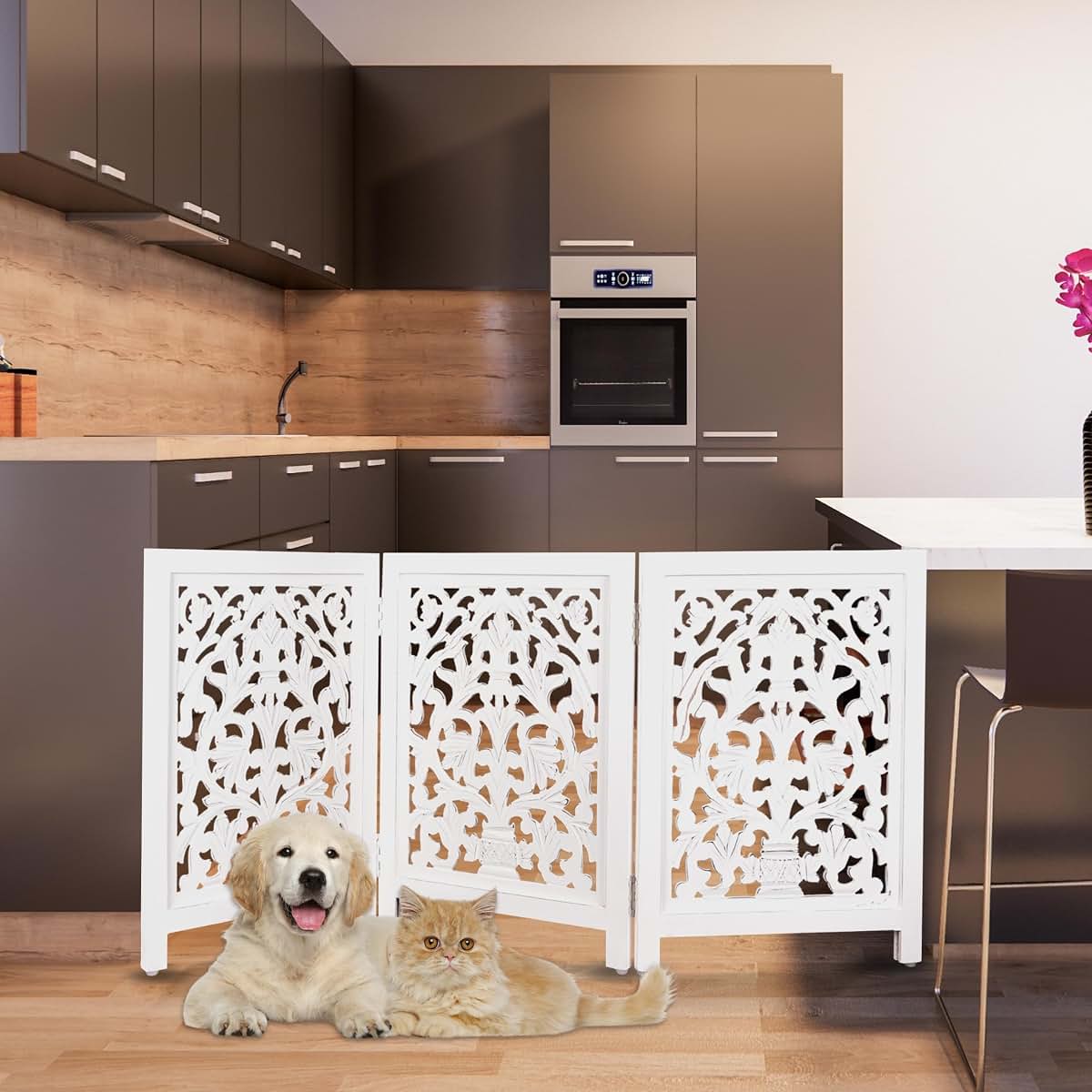 Homebia Designs Wooden Pet Gate - Foldable 3 Panel Dog Barrier