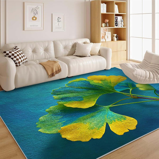 BabyOneStop Blue Leaves Washable Rug 3x5 Low Pile Non-Slip Indoor Carpet