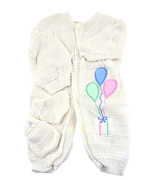 Party Favors Plus White Crochet Baby Outfit Set with Balloon Design, Newborn Size, 3 Piece Set with Hat and Booties