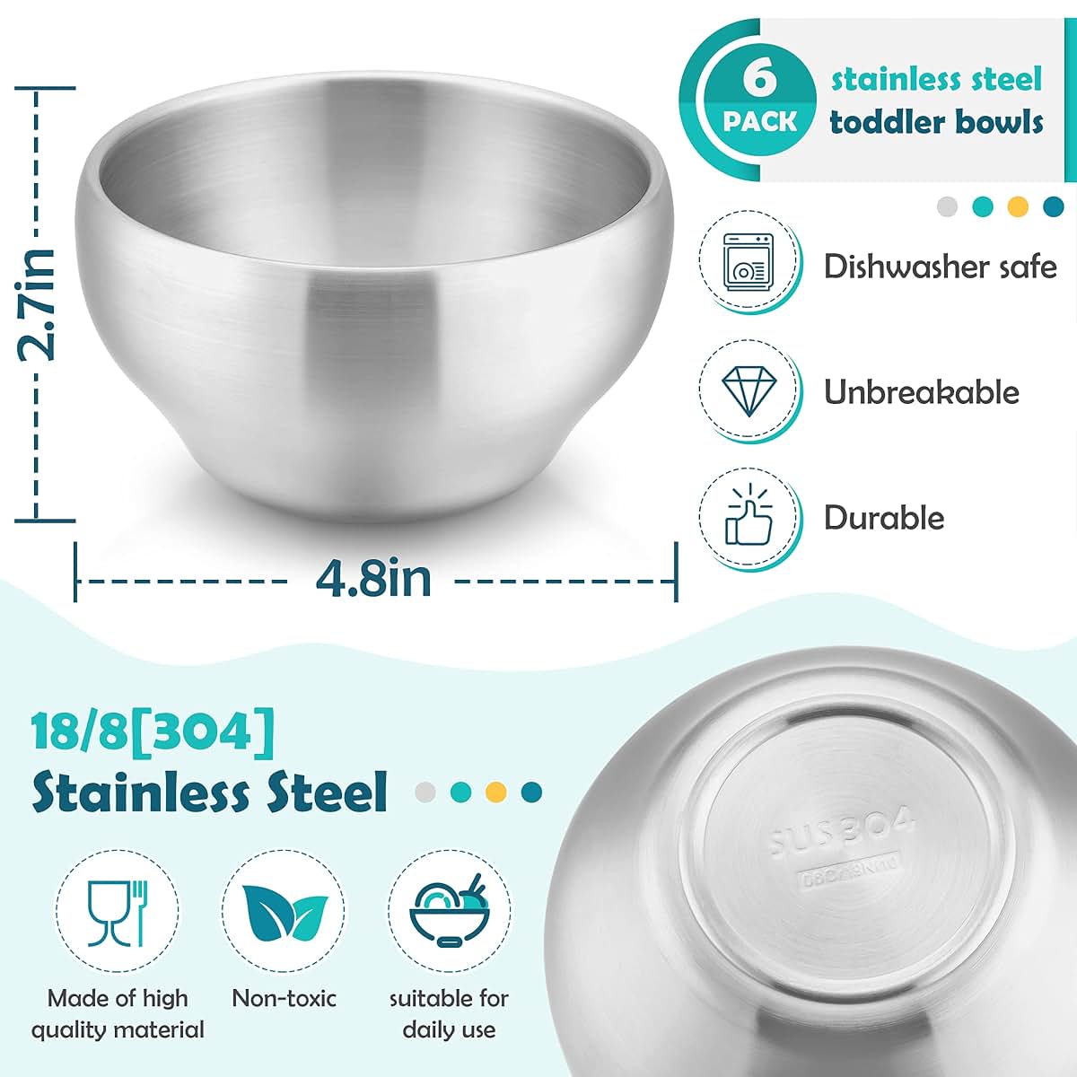 HaWare Kids Stainless Steel Bowls, 12oz Double-Walled Set Of 6