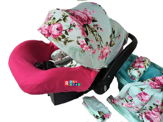 Rosy Kids 9-Piece Infant Car Seat Cover and Canopy Set with Peony Print