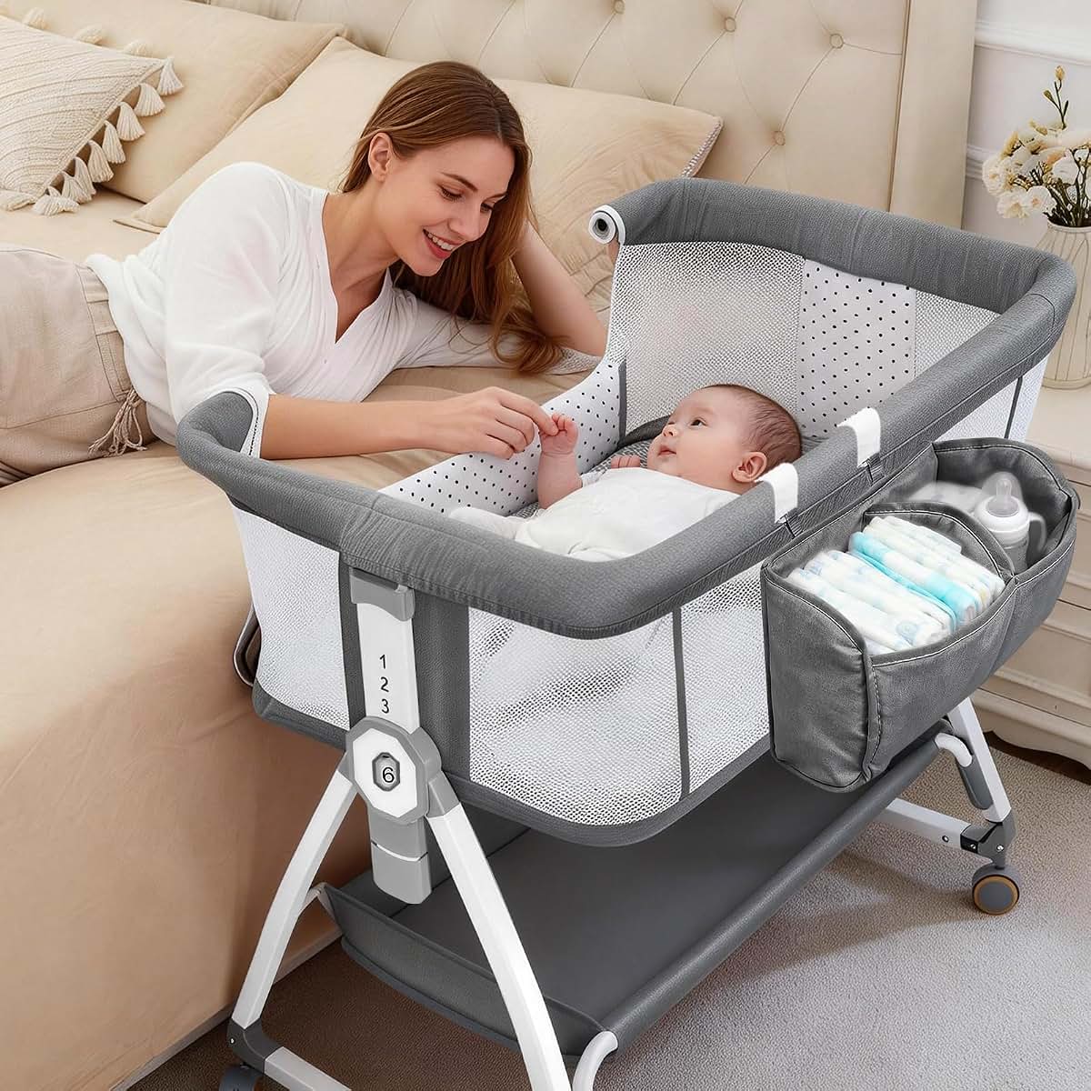 Leoavetole Baby Bassinet With Wheels And 6 Height Settings, Deep Gray