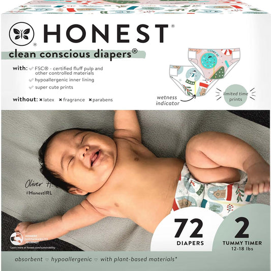 The Honest Company Comfort Dry Disposable Diapers, Plant-Based, Sustainable, Winter '24 Seasonal Prints, Club Box, Size