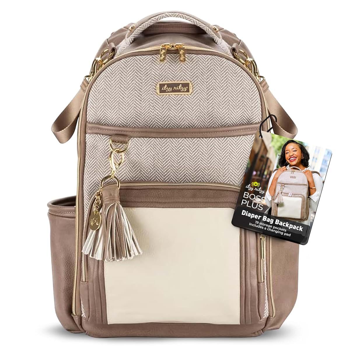 Itzy Ritzy Boss Plus Diaper Bag Backpack In Vanilla Latte With 19 Pockets