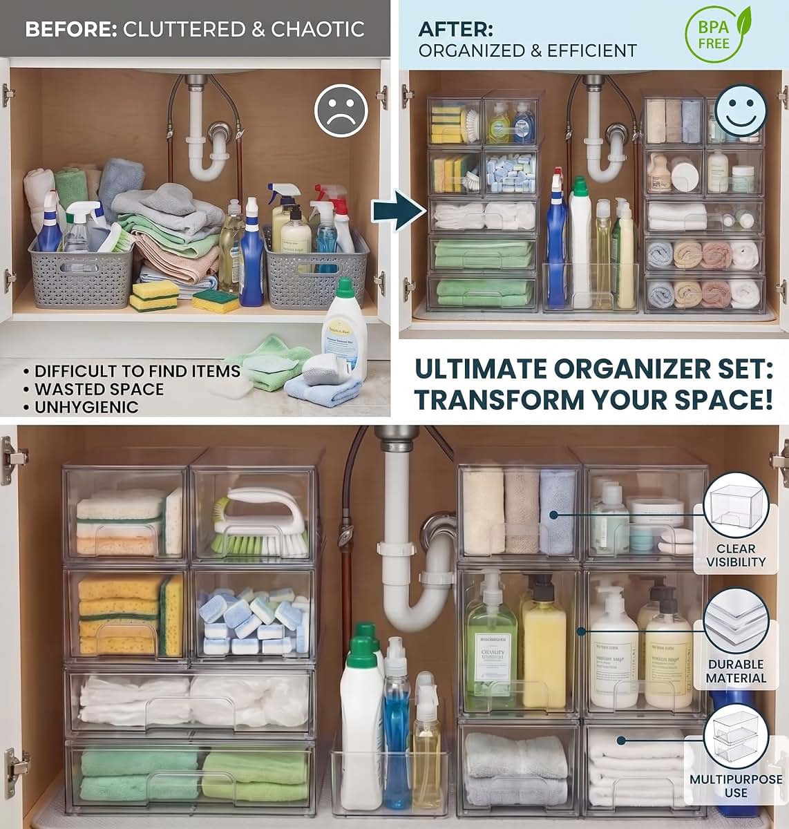 Farazza Stackable Clear PET Storage Drawers for Pantry and Vanity