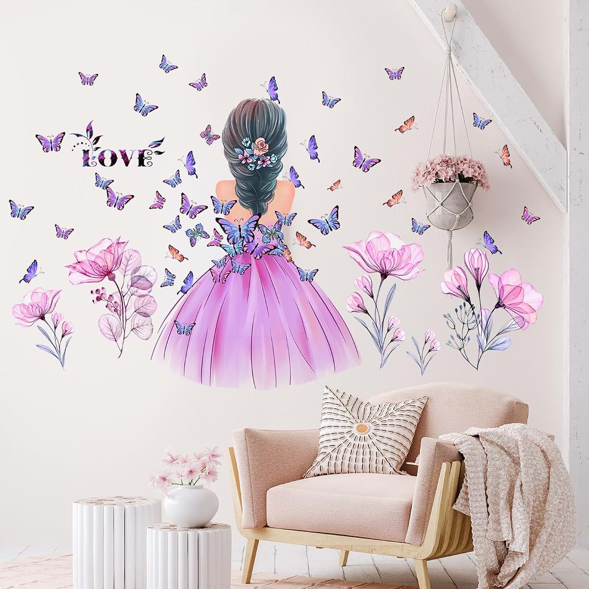Butterfly Girl Wall Stickers - Pink Floral Decal for Nursery Decor