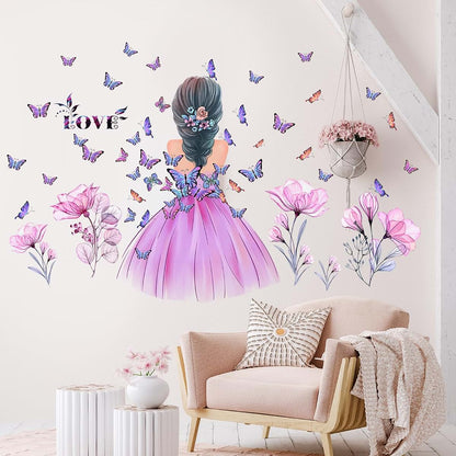 Butterfly Girl Wall Stickers - Pink Floral Decal for Nursery Decor