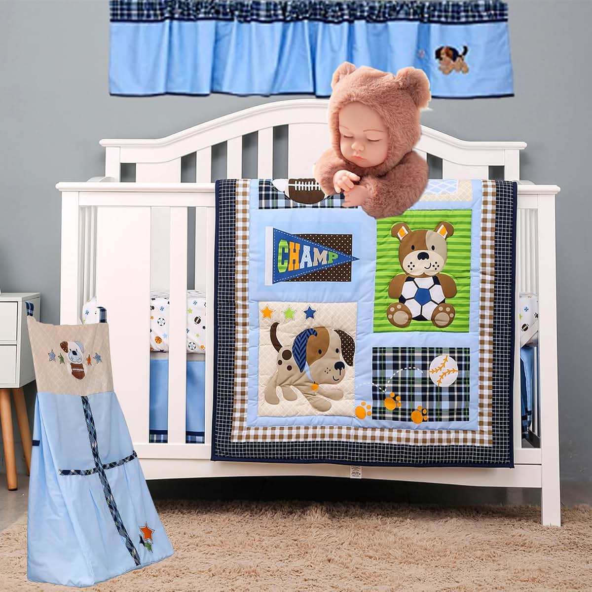 CribMATE 5-Piece Blue Brown Sports Themed Nursery Crib Bedding Set