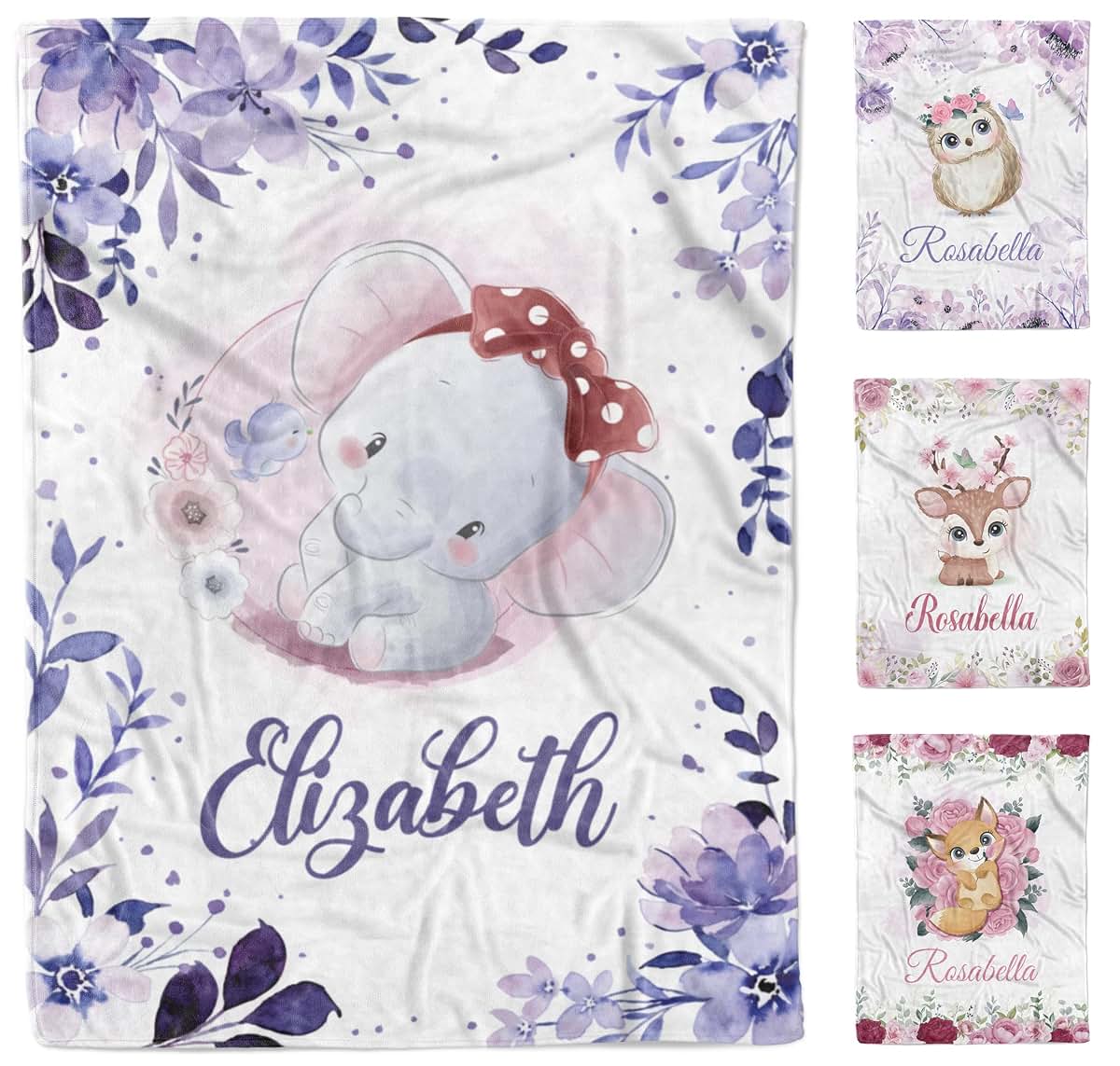 AVIClothes Customized Baby Girl Blanket, Personalized Baby Girl Elephant Blankets - Baby Blanket with Name for Baby