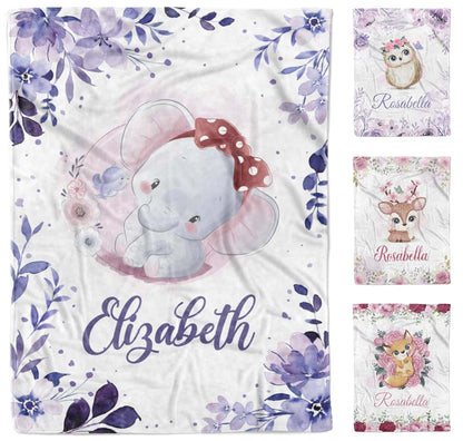 AVIClothes Customized Baby Girl Blanket, Personalized Baby Girl Elephant Blankets - Baby Blanket with Name for Baby