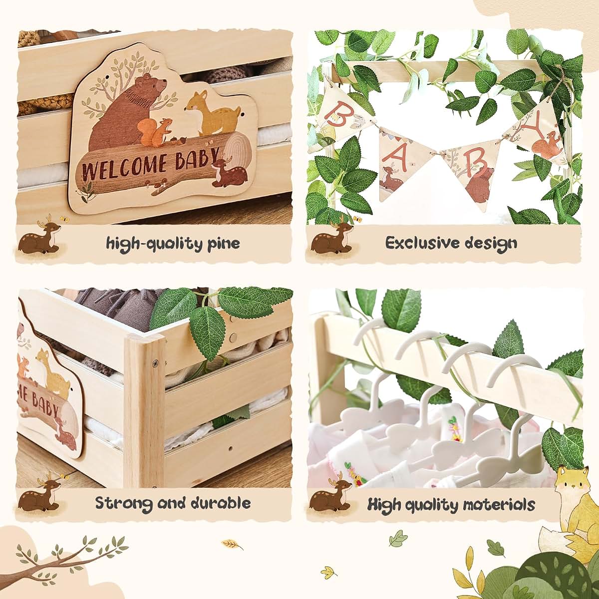 Wooden Forest Theme Baby Shower Crate with Adjustable Handle