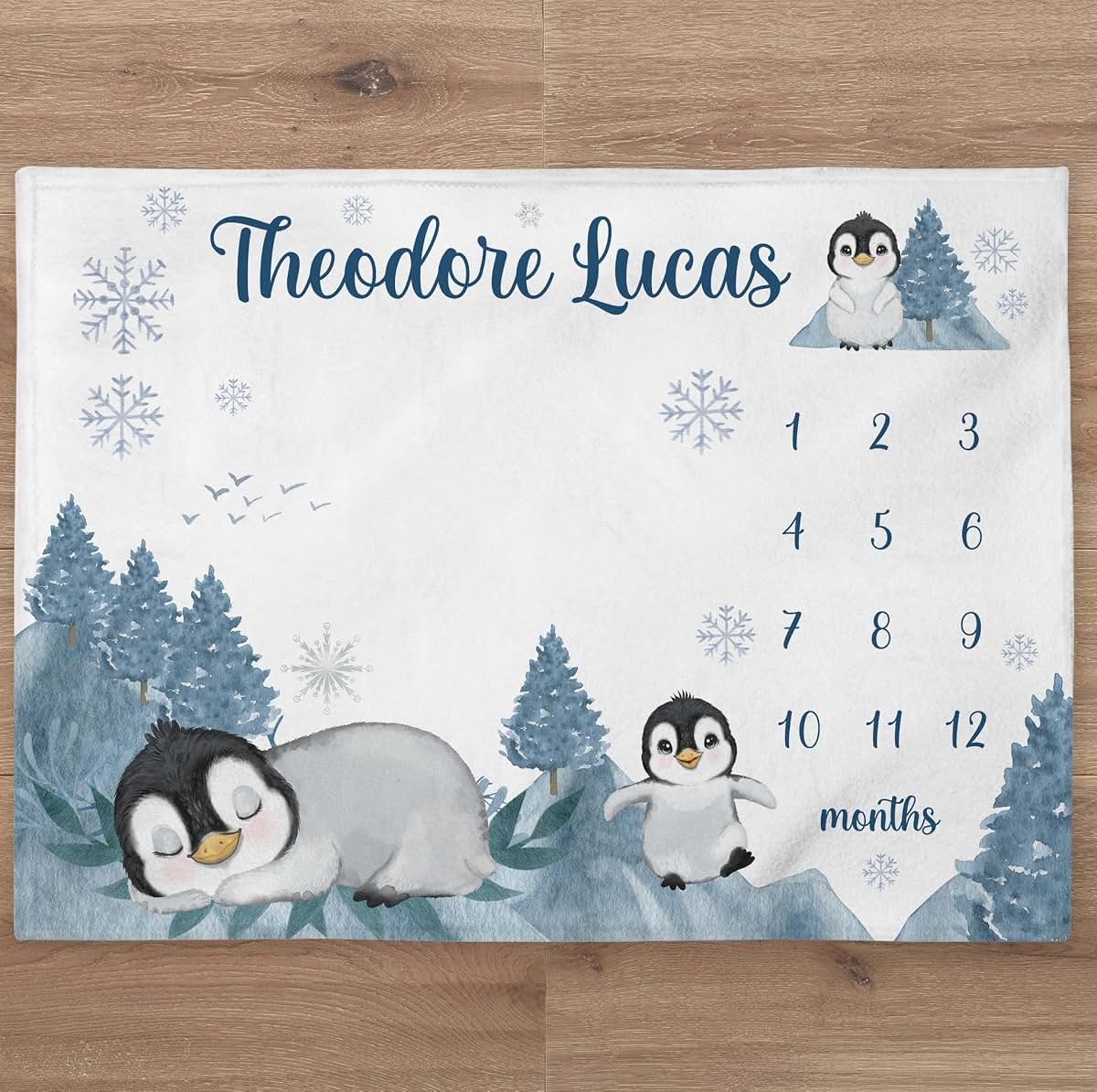 UnoCo Penguin Milestone Blanket Personalized Baby Boy Month Mountains Blanket Nursery Custom Age Newborn Calendar