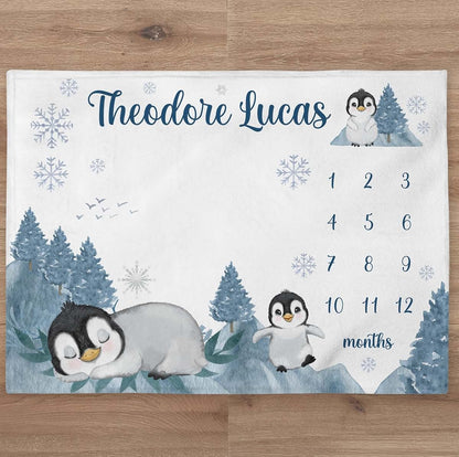 UnoCo Penguin Milestone Blanket Personalized Baby Boy Month Mountains Blanket Nursery Custom Age Newborn Calendar