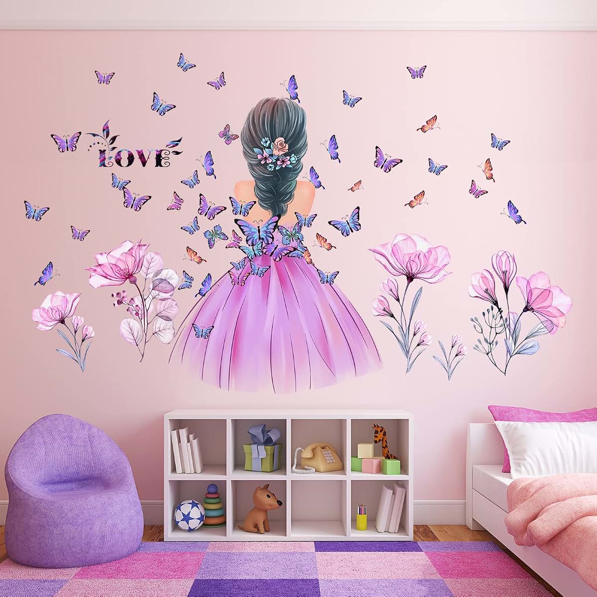 Butterfly Girl Wall Stickers - Pink Floral Decal for Nursery Decor