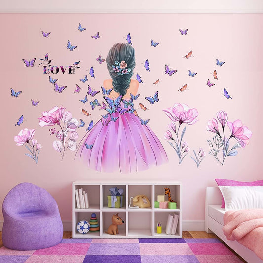 Butterfly Girl Wall Stickers - Pink Floral Decal for Nursery Decor