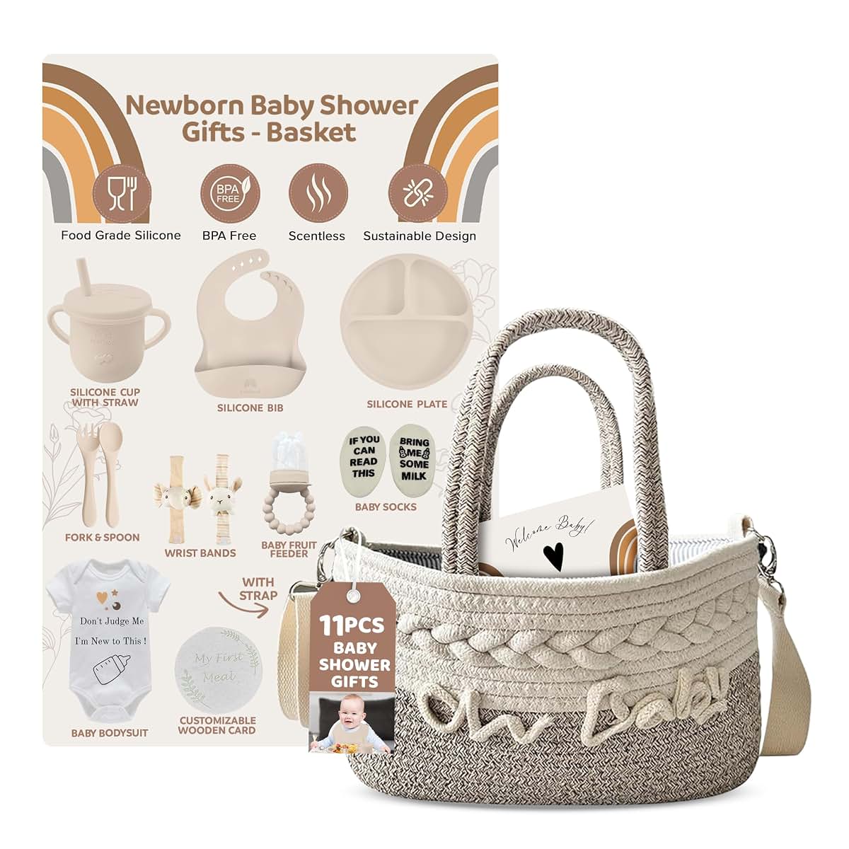Kiddibodi Baby Gift Set | 11 Piece Gender Neutral Newborn Gift Basket for Boys & Girls – Baby Essentials with Plate
