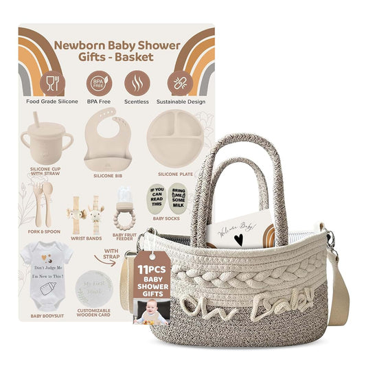 Kiddibodi Baby Gift Set | 11 Piece Gender Neutral Newborn Gift Basket for Boys & Girls – Baby Essentials with Plate