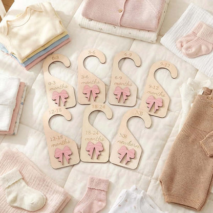 7-Piece Wooden Baby Closet Dividers with 3D Pink Bow, Double-Sided Nursery Organizer 0-24 Months