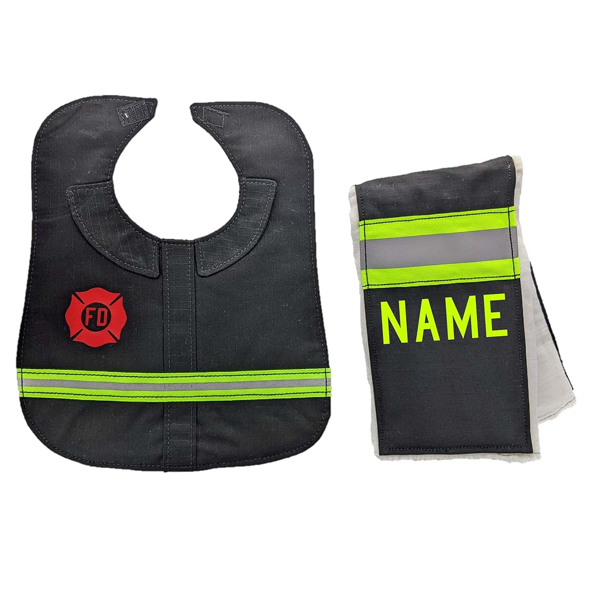 Fully Involved Stitching Firefighter Personalized Black Baby Burp Rag and Bib Set