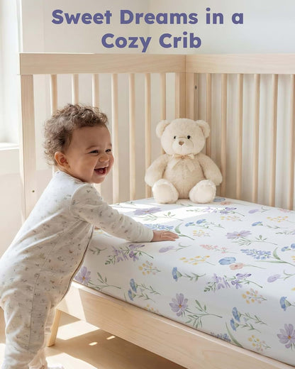 FIEMOL Baby Crib Sheets for Girls, 4 Pack Fitted Toddler Bed Sheets for 52"x28" Mattress, Soft Microfiber Blue Purple Flower